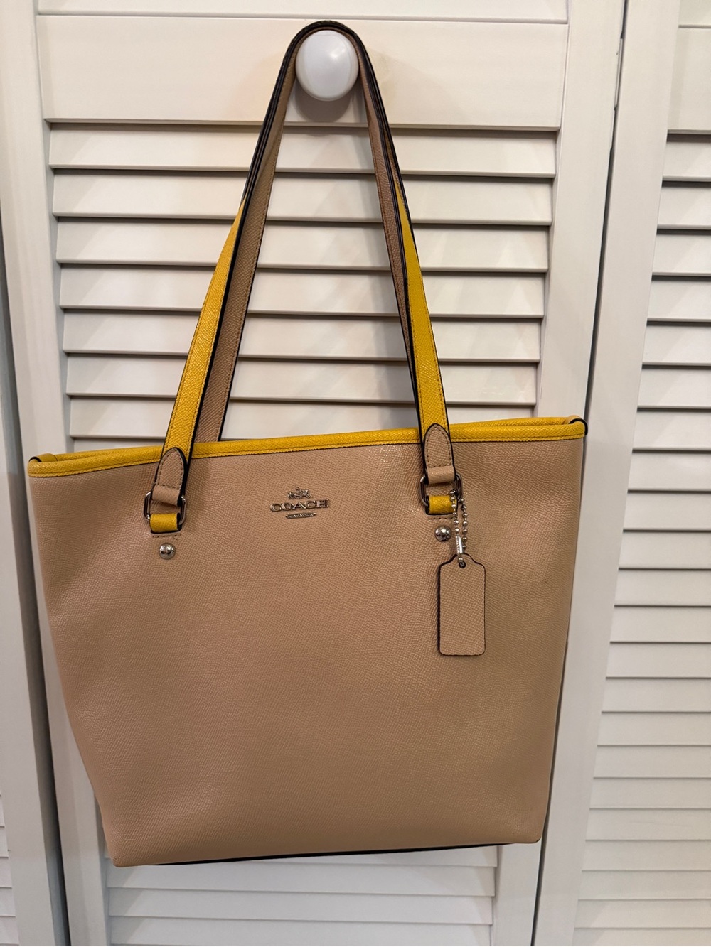 Coach Beige Tote with Yellow Trim and Straps Style F59855